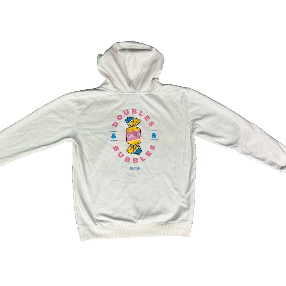 Baseballism Baseball Theme Youth Large Doubles & Bubbles Cream and Pink Hoodie